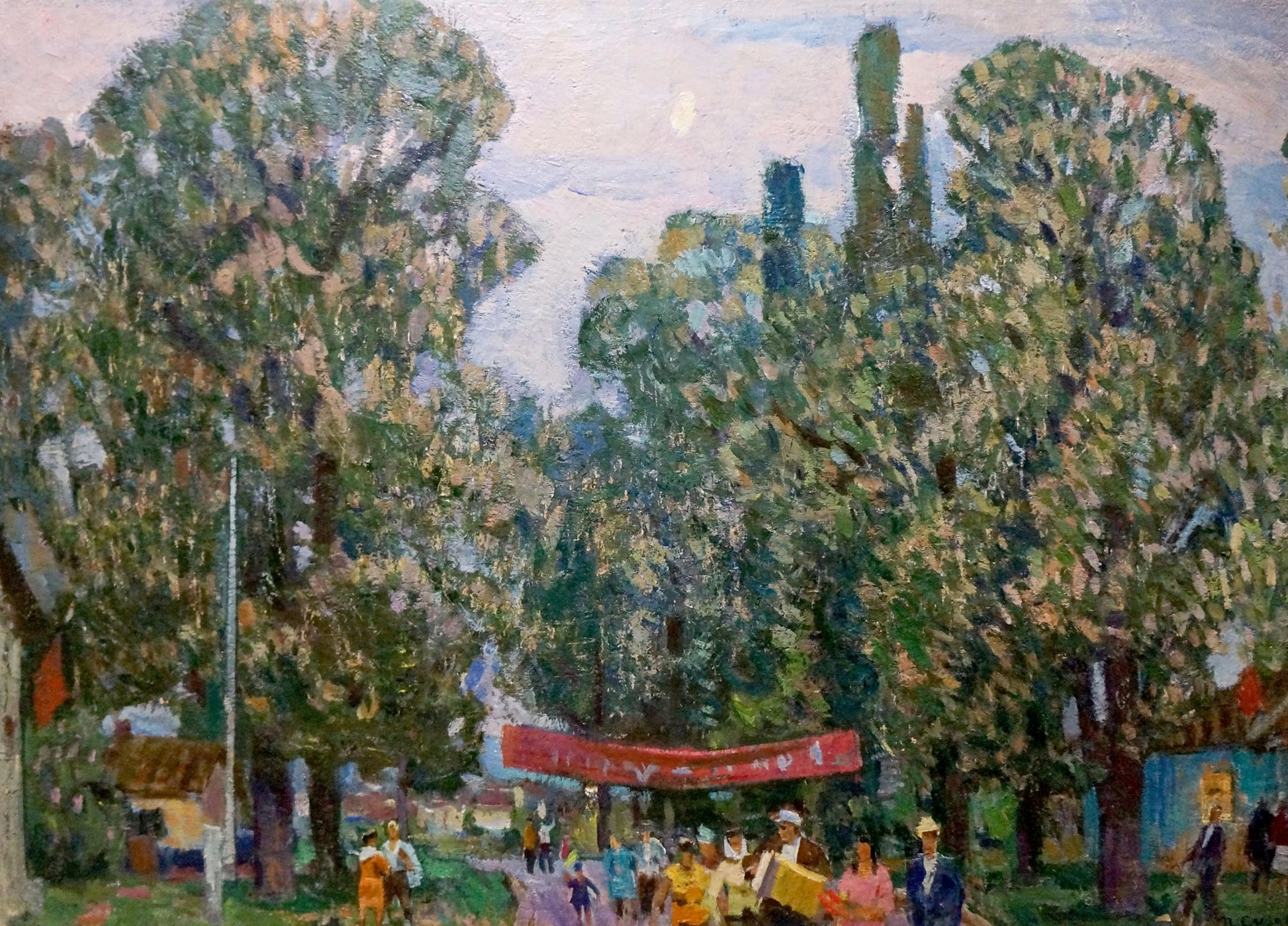 Oil painting After the Fair by Petro Dorofiyovych Slota, lush trees and figures