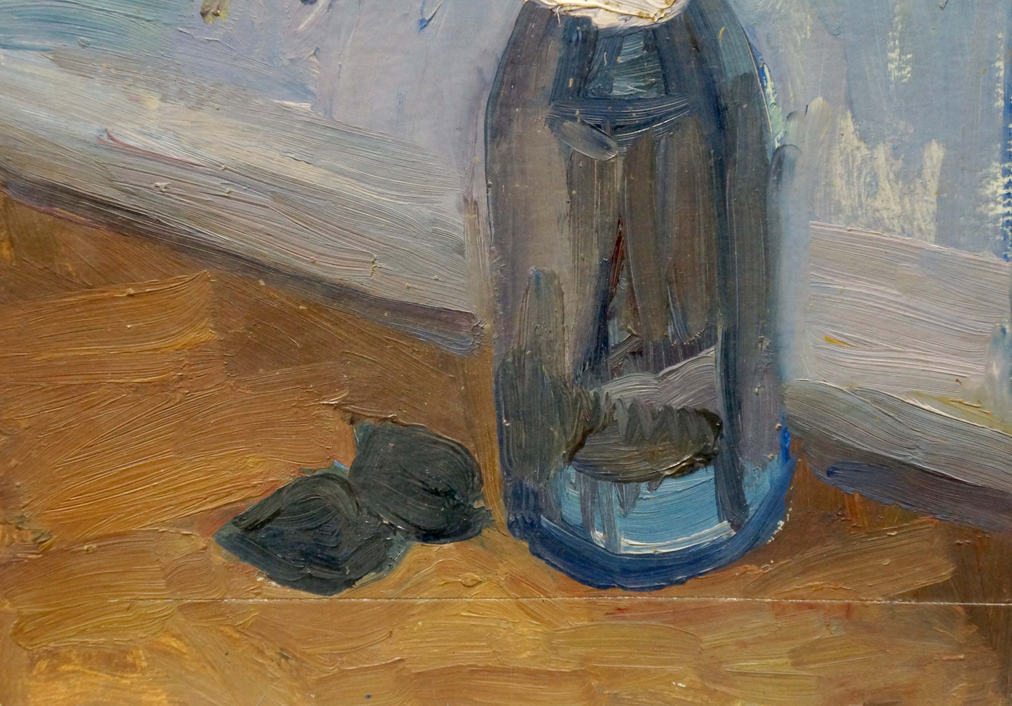 Oil painting Roses in a Bottle by Samokhin Vladimir Kalistratovich, translucent blue glass bottle