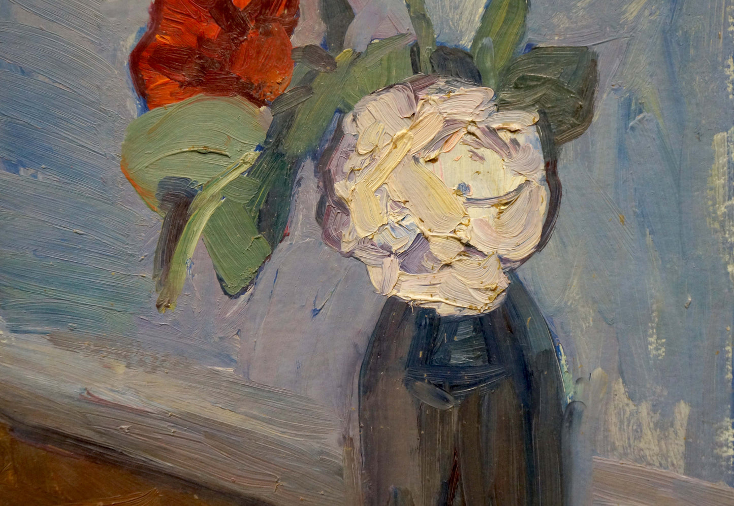 Textured oil painting by Samokhin Vladimir Kalistratovich of orange flower and white hydrangea in dark vase