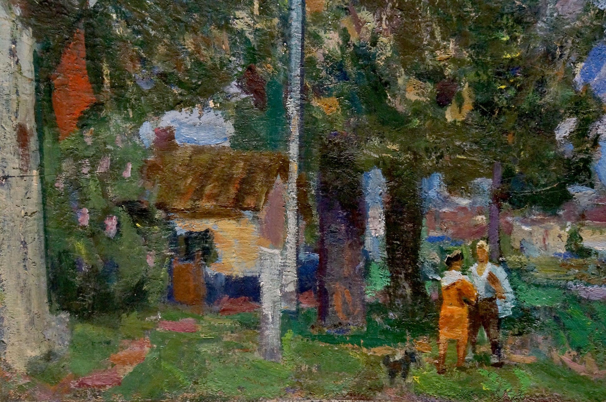 Oil painting After the Fair by Petro Dorofiyovych Slota, rustic cottage in trees