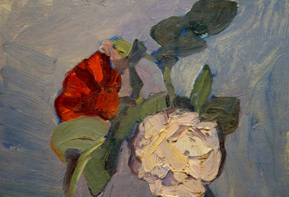Oil painting of red poppy, pink peony by Samokhin Vladimir Kalistratovich