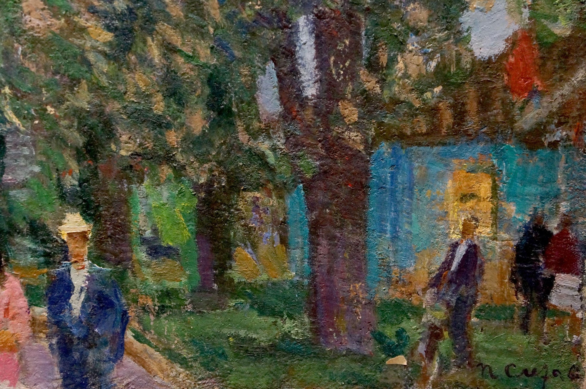 Oil painting After the Fair by Petro Dorofiyovych Slota, lush trees and figures