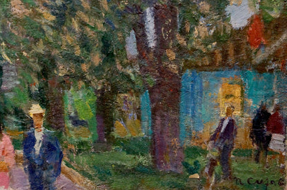 Oil painting After the Fair by Petro Dorofiyovych Slota, lush trees and figures