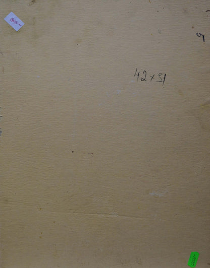 Back of Oil painting Roses in a bottle by Samokhin Vladimir Kalistratovich with beige canvas, handwritten dimensions and labels