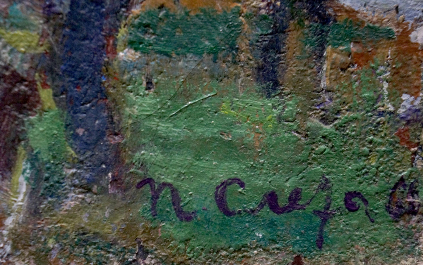 Back of Oil painting After the Fair by Petro Dorofiyovych Slota, textured green canvas with purple signature