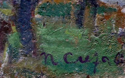 Back of Oil painting After the Fair by Petro Dorofiyovych Slota, textured green canvas with purple signature