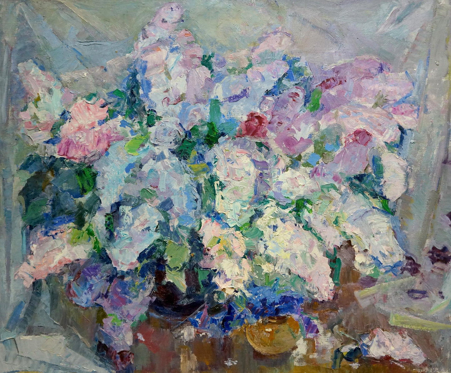 Vibrant oil painting of pink purple white hydrangea bouquet by Vera Dovgalevskaya