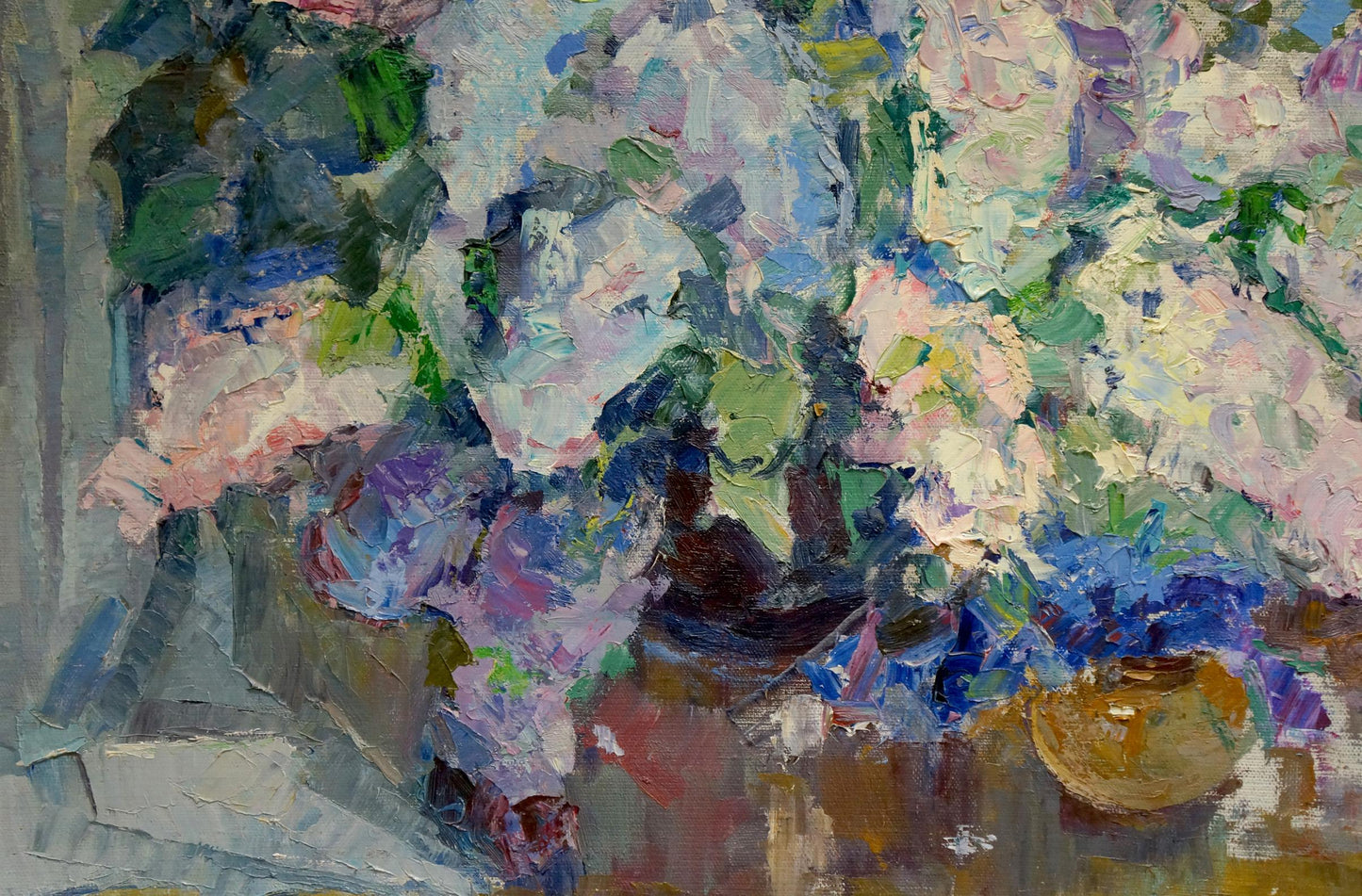 Vibrant impressionistic oil painting of flower basket by Vera Dovgalevskaya