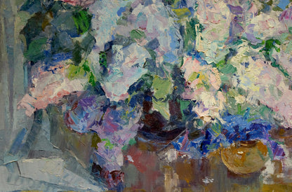 Vibrant impressionistic oil painting of flower basket by Vera Dovgalevskaya