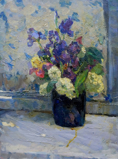 Oil painting of vibrant purple yellow white flowers in dark blue vase by Samokhin Vladimir Kalistratovich