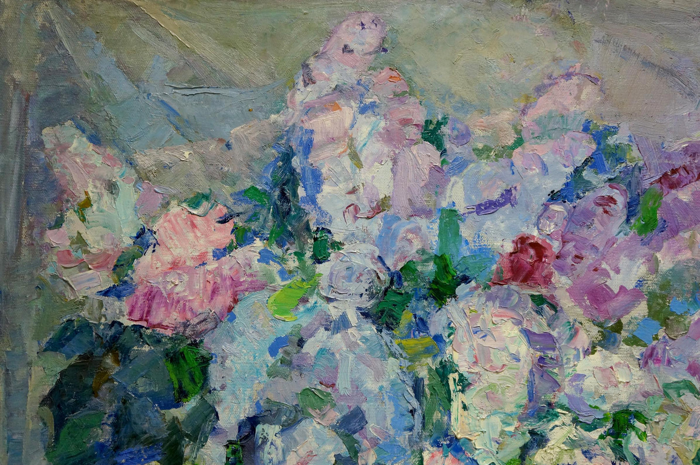 Vibrant impressionist oil painting of flower basket by Vera Dovgalevskaya