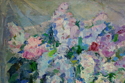 Vibrant impressionist oil painting of flower basket by Vera Dovgalevskaya
