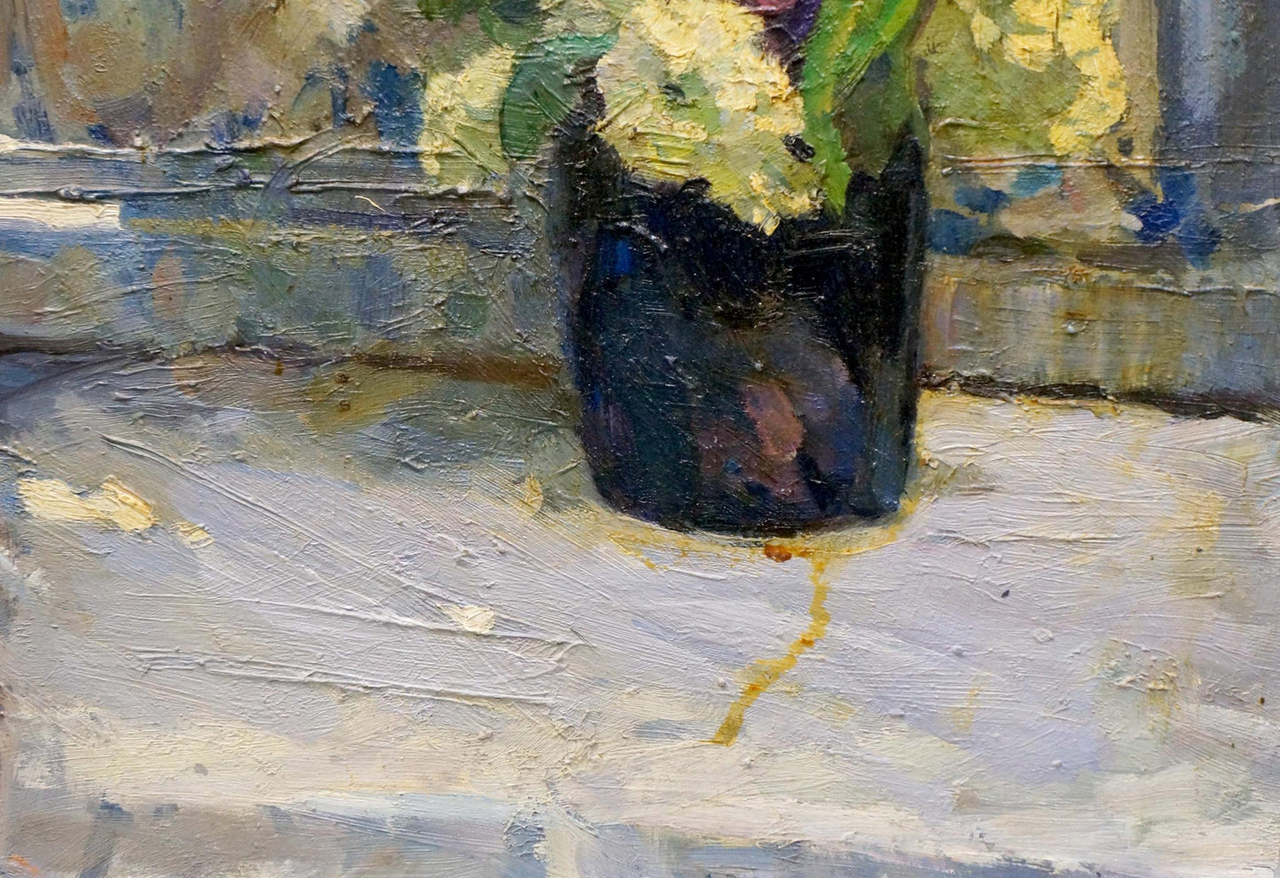 Oil painting of pale yellow green hydrangeas in glossy vase by Samokhin Vladimir Kalistratovich