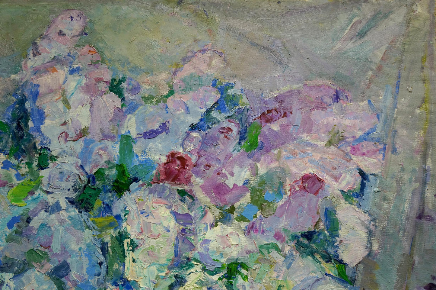 Vibrant impressionist oil painting of flower basket by Vera Dovgalevskaya