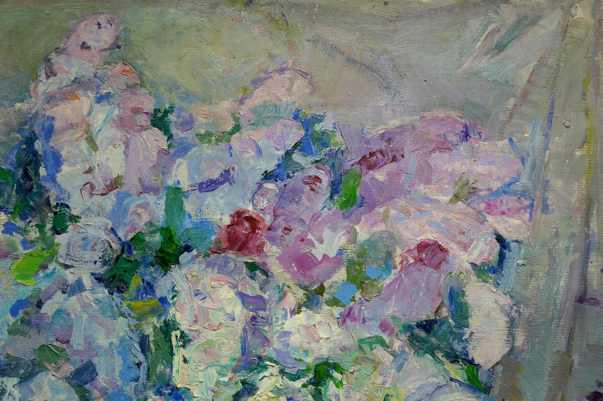 Vibrant impressionist oil painting of flower basket by Vera Dovgalevskaya