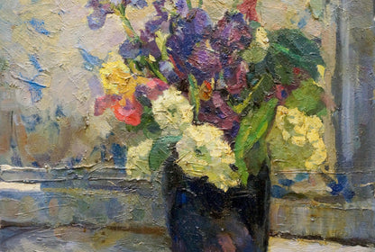 Oil painting of vibrant purple, yellow, white flowers by Samokhin Vladimir Kalistratovich