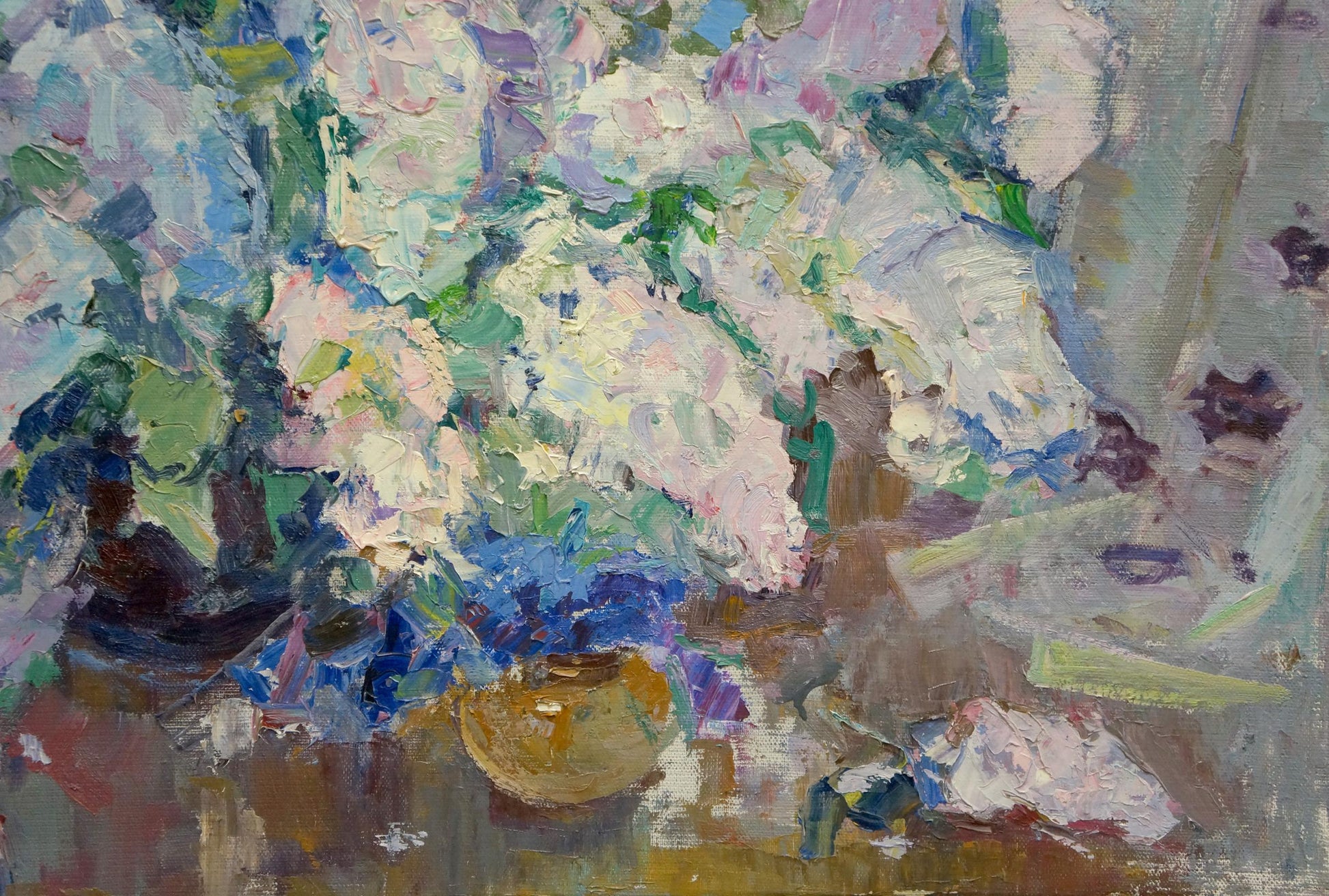 Vibrant impressionistic oil painting of lush flowers in golden vase by Vera Dovgalevskaya