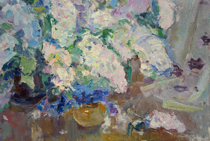Vibrant impressionistic oil painting of lush flowers in golden vase by Vera Dovgalevskaya