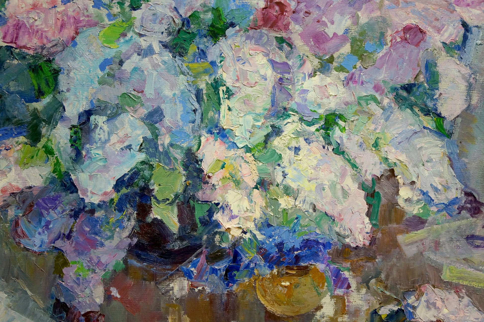 Vibrant impressionist oil painting of Vera Dovgalevskayas basket of pastel flowers