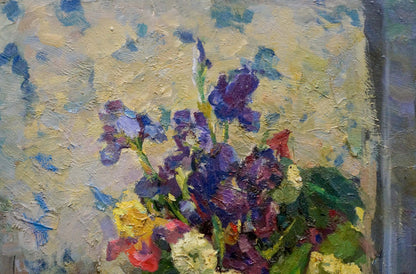 Vibrant impressionist oil painting of purple irises and flowers by Samokhin Vladimir Kalistratovich