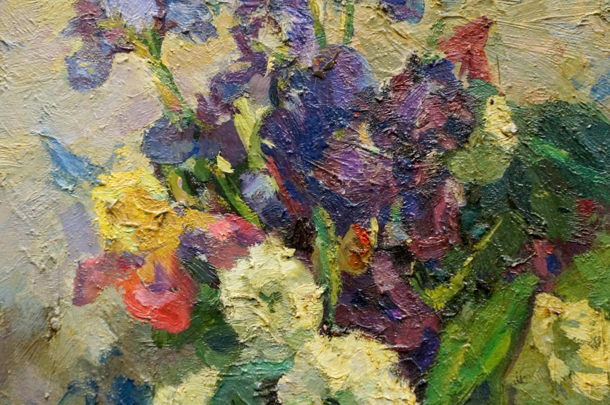 A vibrant impressionist painting of irises in bold purple, yellow, and red hues with thick textured brushstrokes.