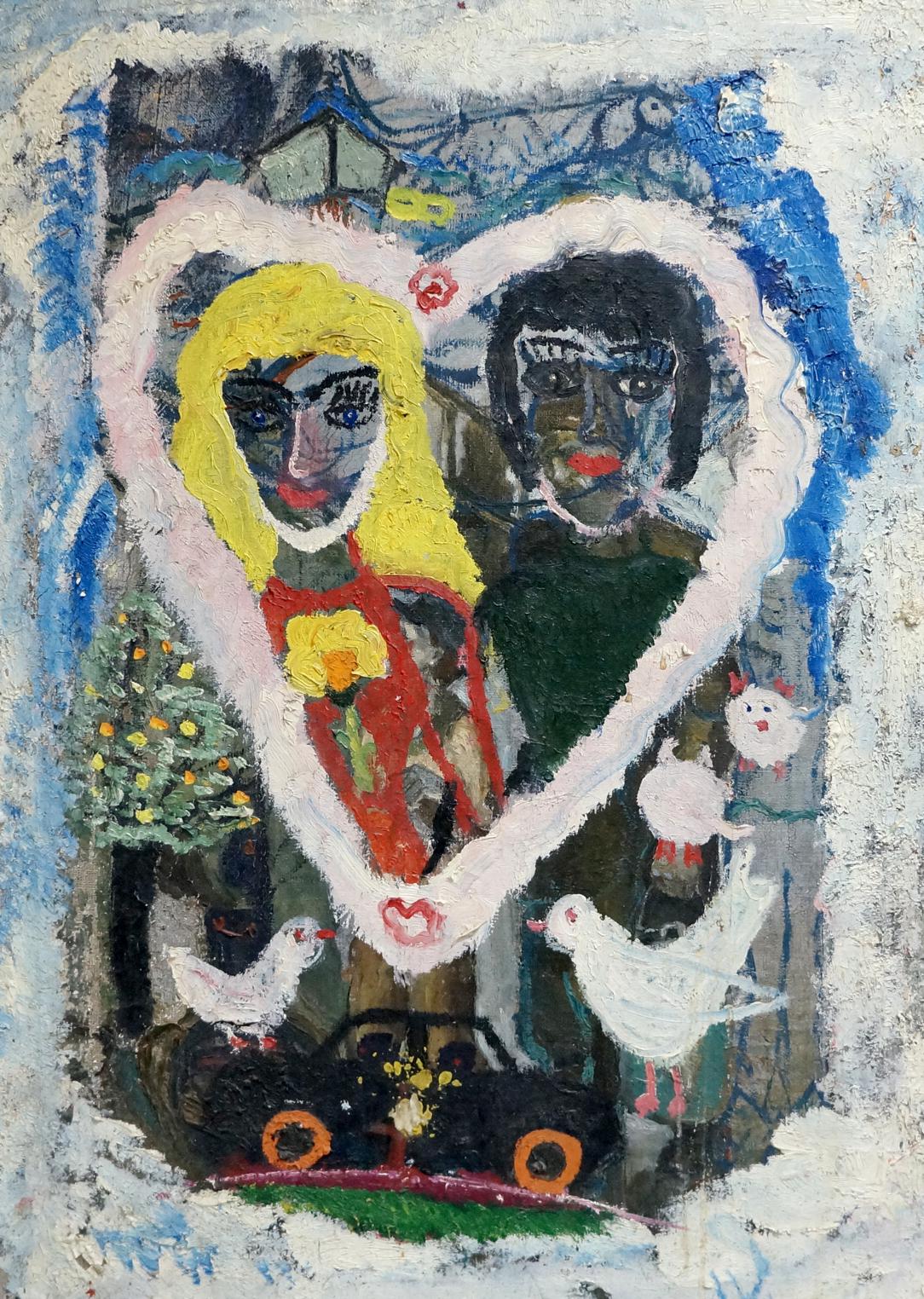 Oil painting Love by Valentin Dmitrievich Khrushch with heart-framed figures