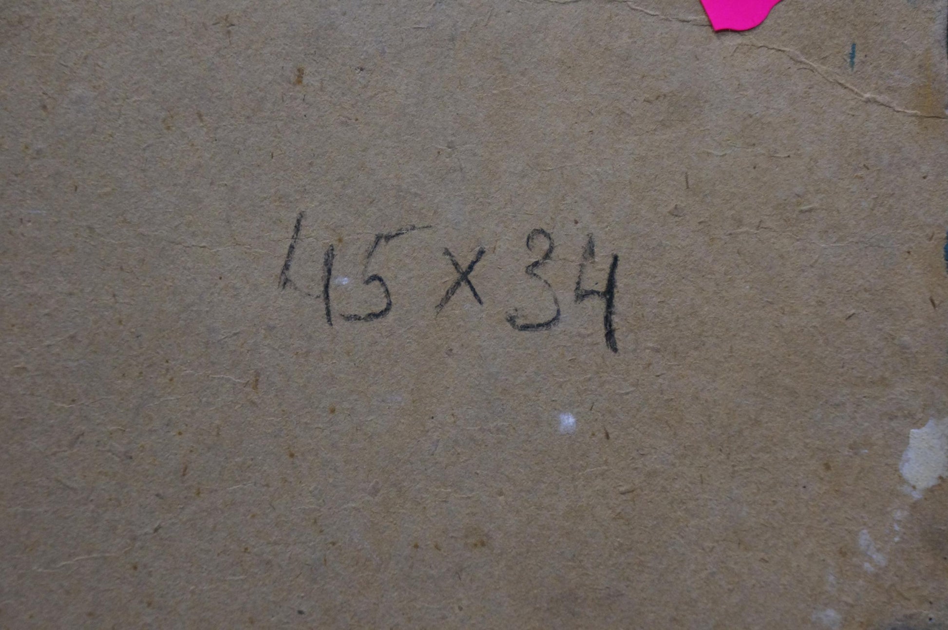 Back of Oil painting Flowers Samokhin Vladimir Kalistratovich with 15 x 34 in. handwritten markings on cardboard