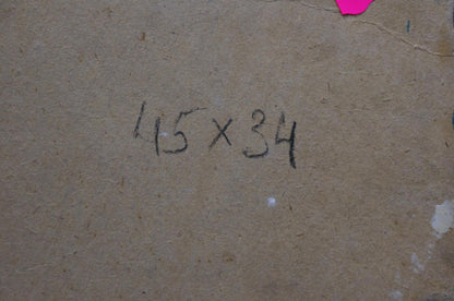 Back of Oil painting Flowers Samokhin Vladimir Kalistratovich with 15 x 34 in. handwritten markings on cardboard