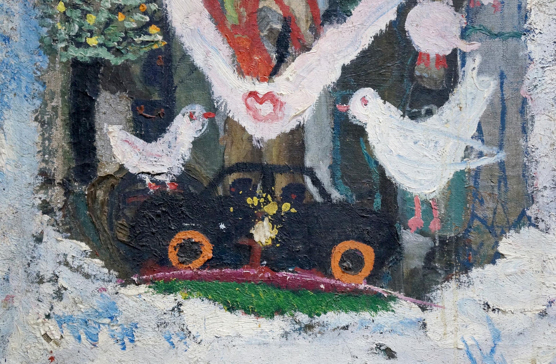 Oil painting Love by Valentin Dmitrievich Khrushch: black car under white dove in snowy bird scene