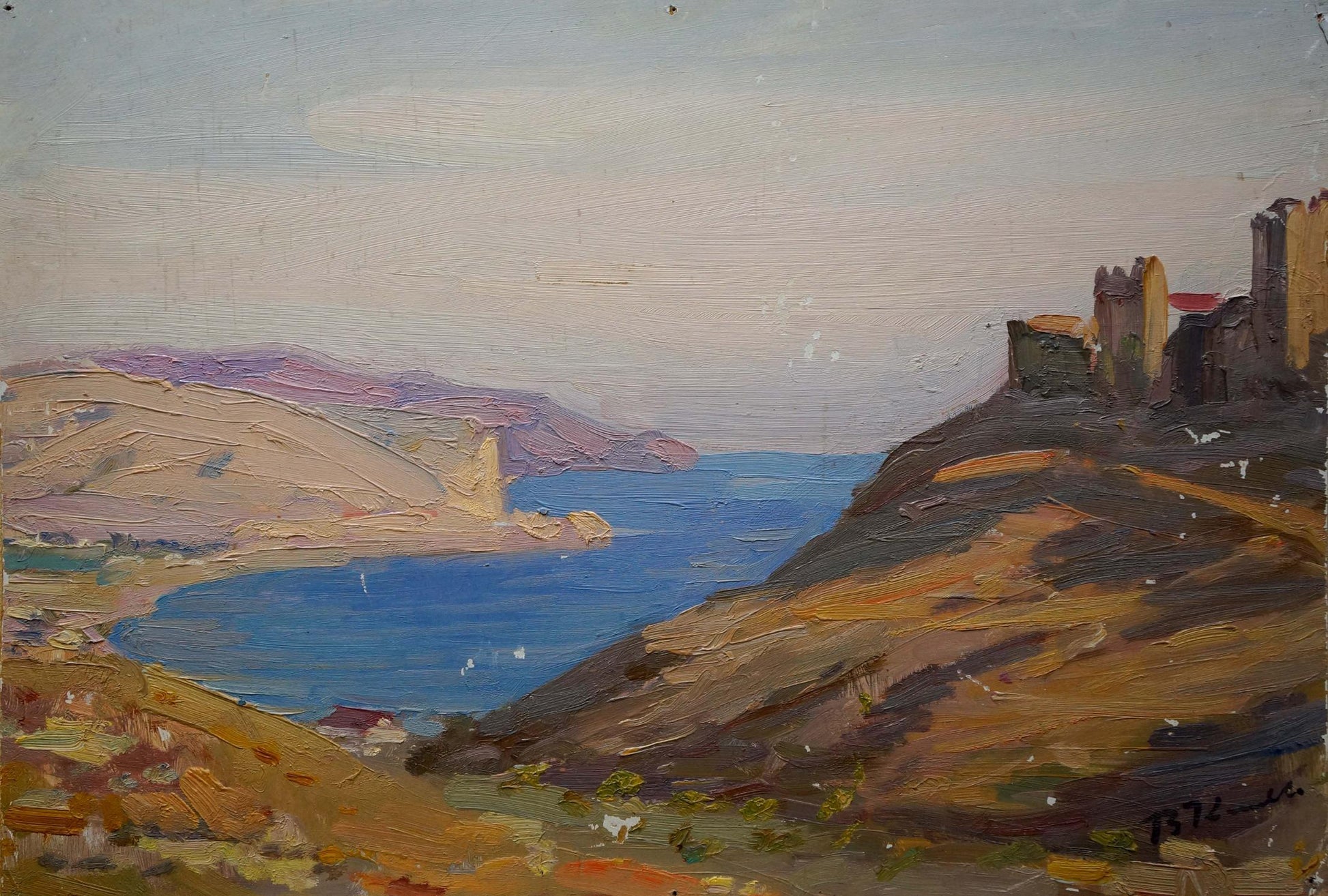 Oil painting The ruins of the fortress V. Kisil: rugged cliffs, ruins, blue sea