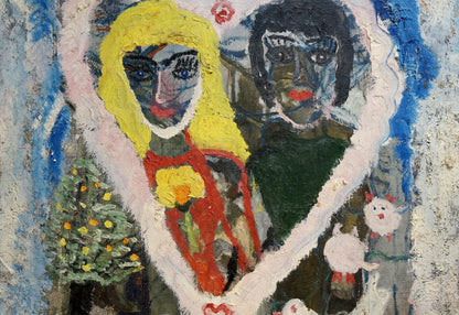 Vibrant oil painting Love by Valentin Dmitrievich Khrushch with two stylized figures