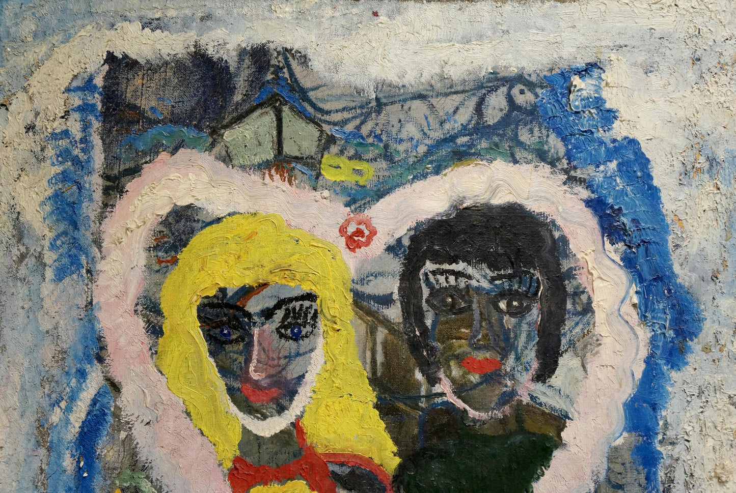 Oil painting Love by Valentin Dmitrievich Khrushch with stylized faces