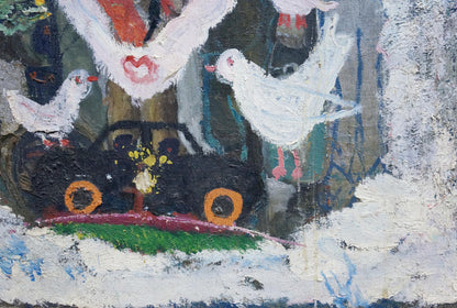 Oil painting Love by Valentin Dmitrievich Khrushch: black car with orange wheels