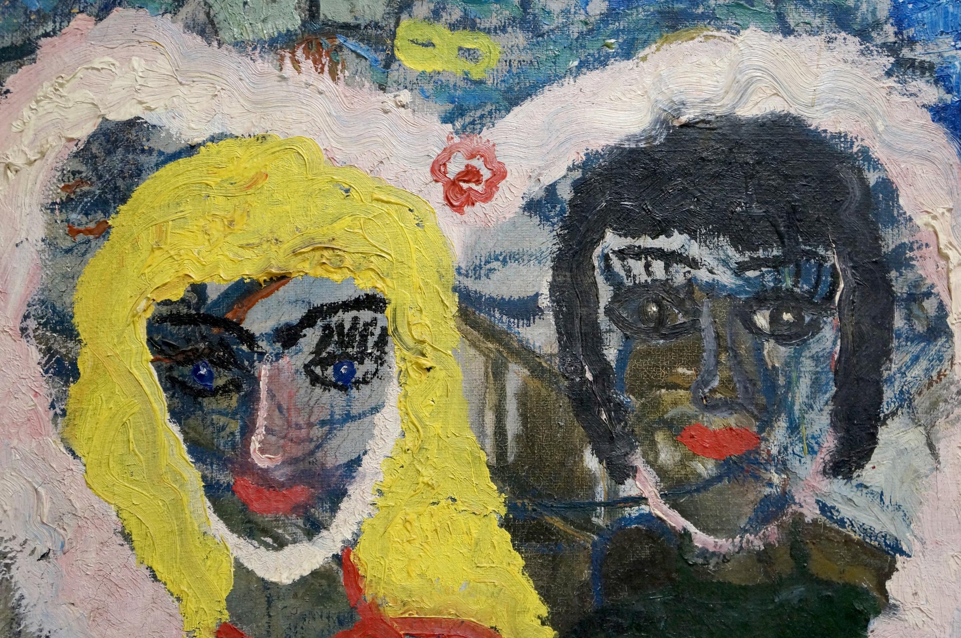 Vibrant oil painting Love by Valentin Dmitrievich Khrushch with two stylized faces