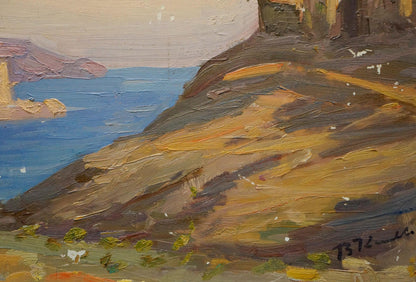 Oil painting The ruins of the fortress by V. Kisil: cliffside with blue water