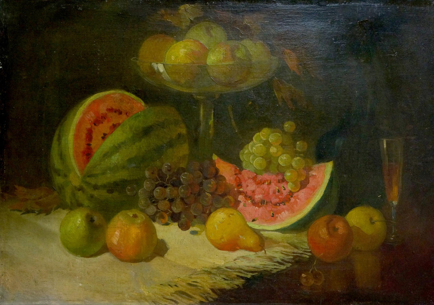 Oil painting Sweet still life of vibrant fruits: watermelon, grapes, apples, pears