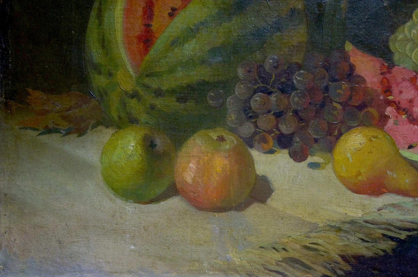 Oil painting sweet still life: watermelon, grapes, pears