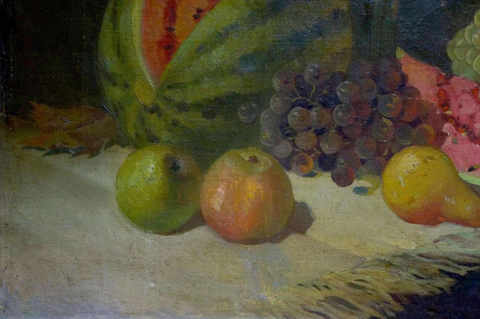 Oil painting sweet still life: watermelon, grapes, pears