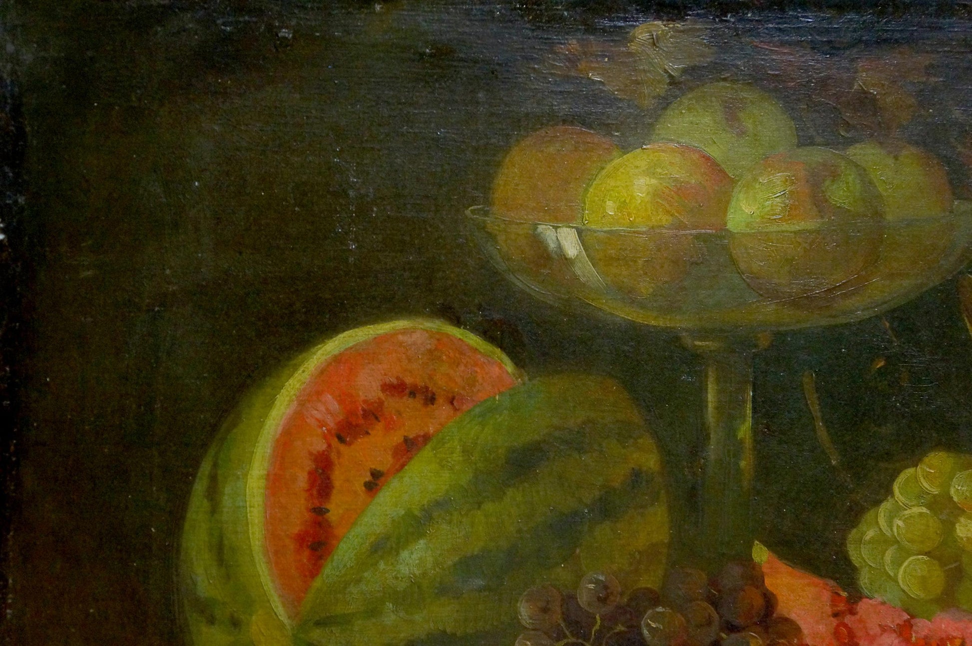 Oil painting Sweet still life of sliced watermelon and fruits
