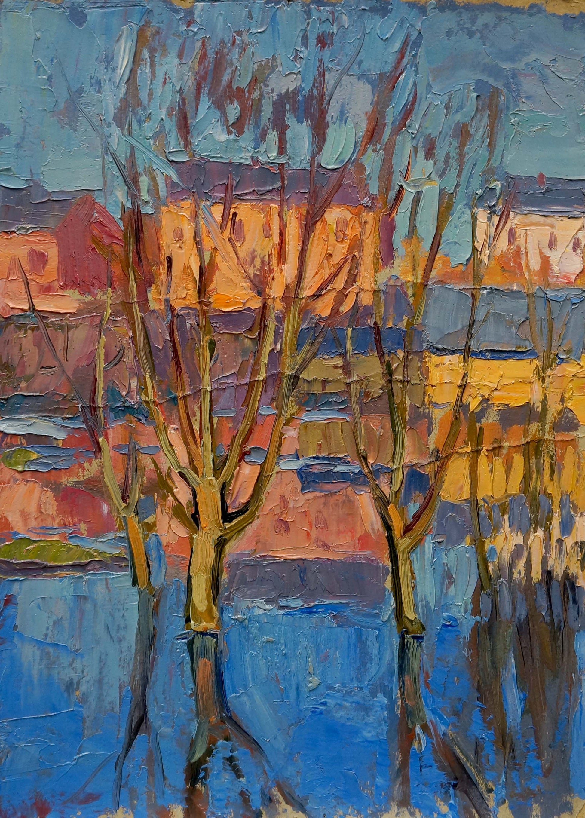 Impressionistic oil painting by Kiyansky Yuri Mikhailovich: bare trees, blue sky, cityscape