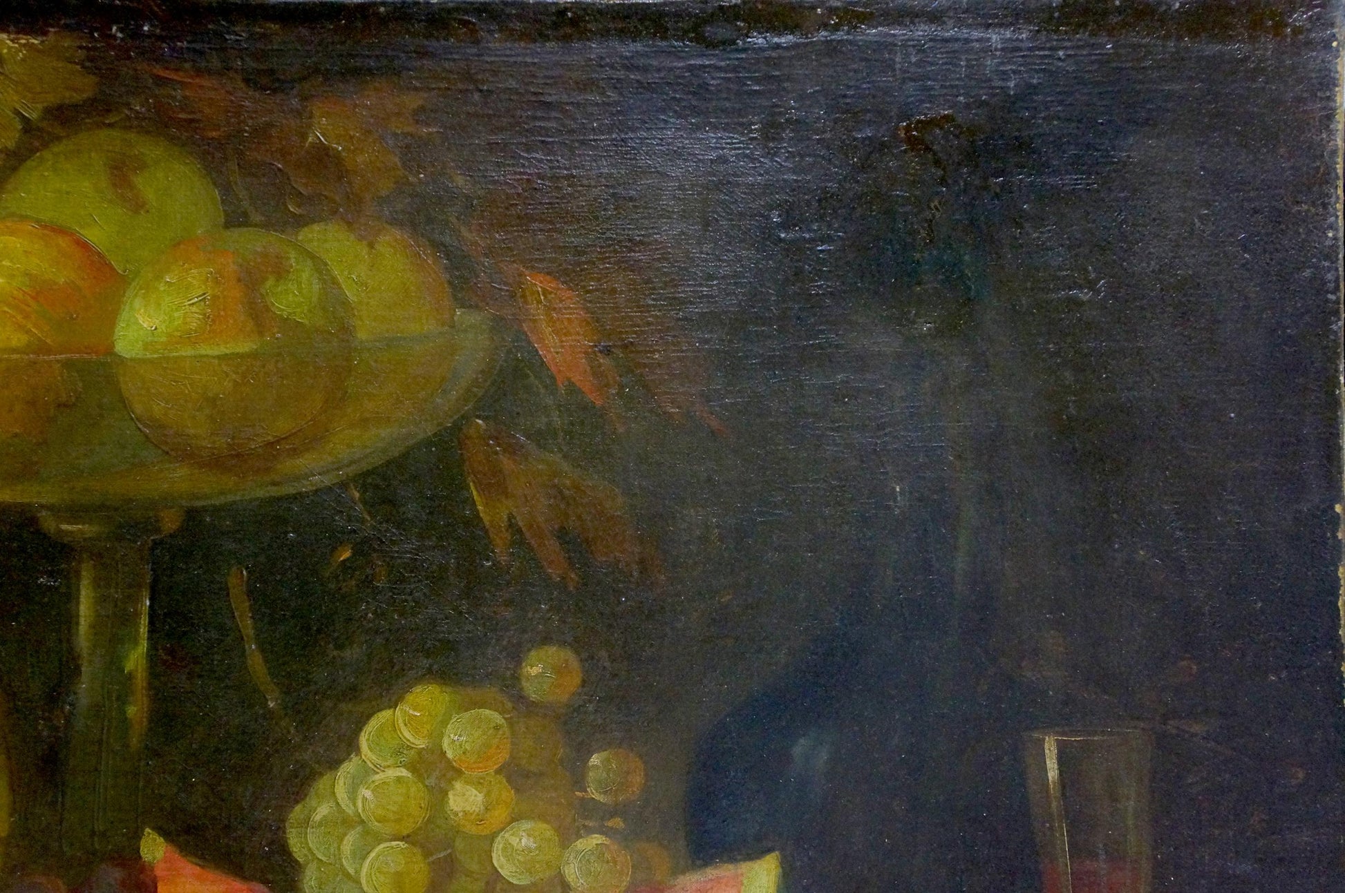 Oil painting Sweet still life with apples and grapes in glass bowl