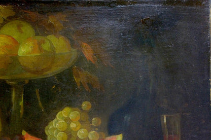 Oil painting Sweet still life with apples and grapes in glass bowl