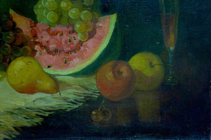 Oil painting Sweet still life: sliced watermelon, grapes, pears, apples, cherries, champagne