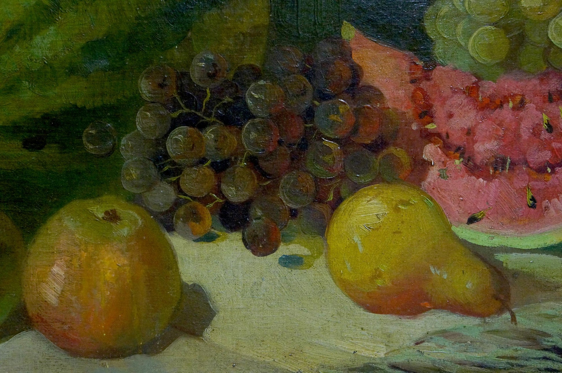 Oil painting of dark purple grapes, yellow pear, orange apple still life