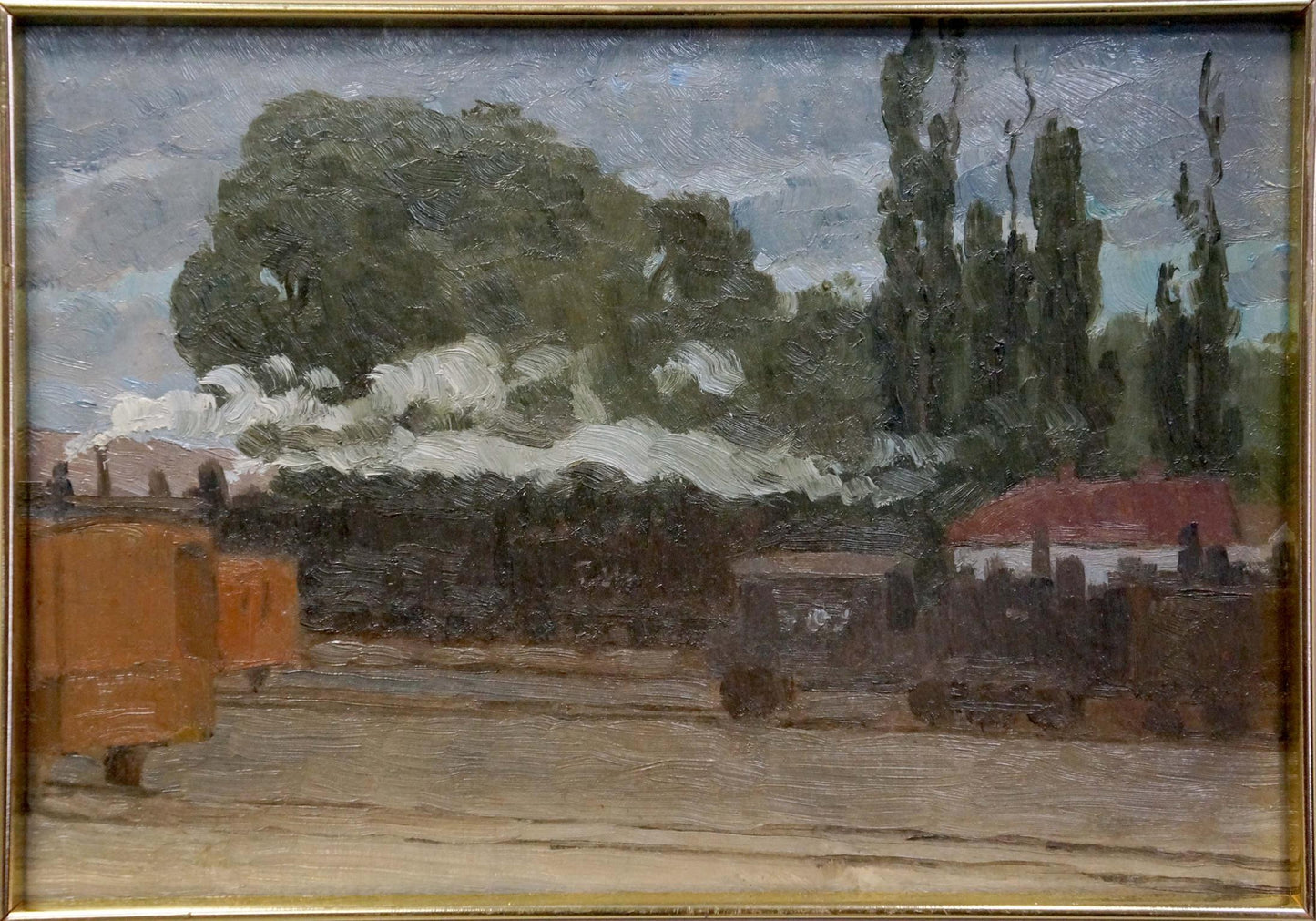 Framed oil painting The train has started: rural scene with trees, industrial smoke, cloudy sky