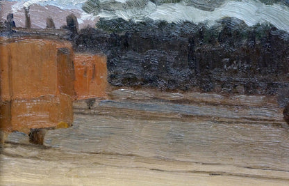 Oil painting The train has started with orange building textured brushstrokes green trees