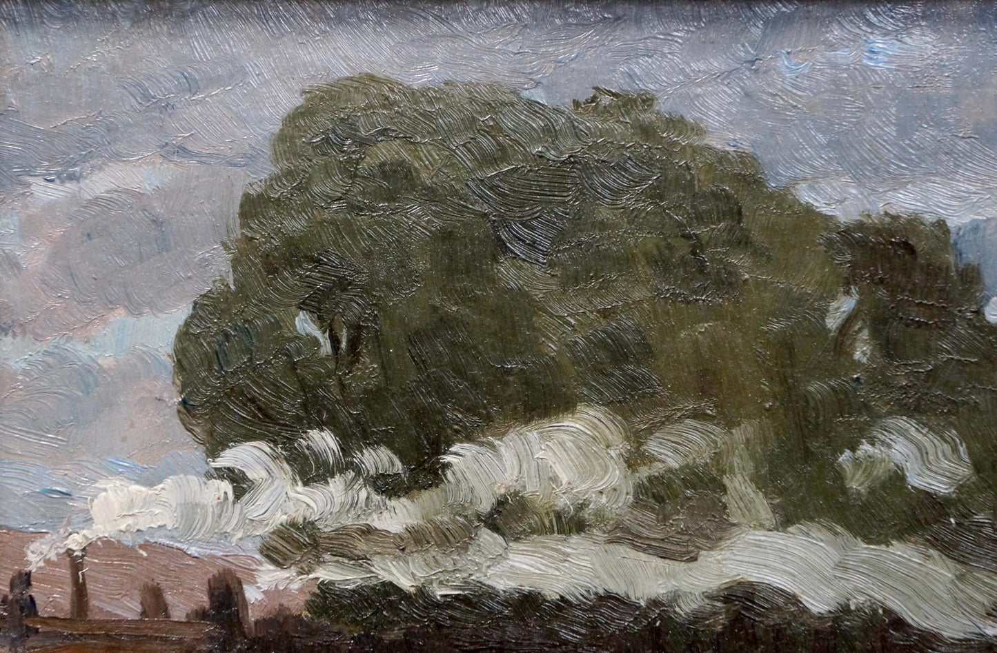 Textured oil painting of dark green tree with swirling clouds, The train has started
