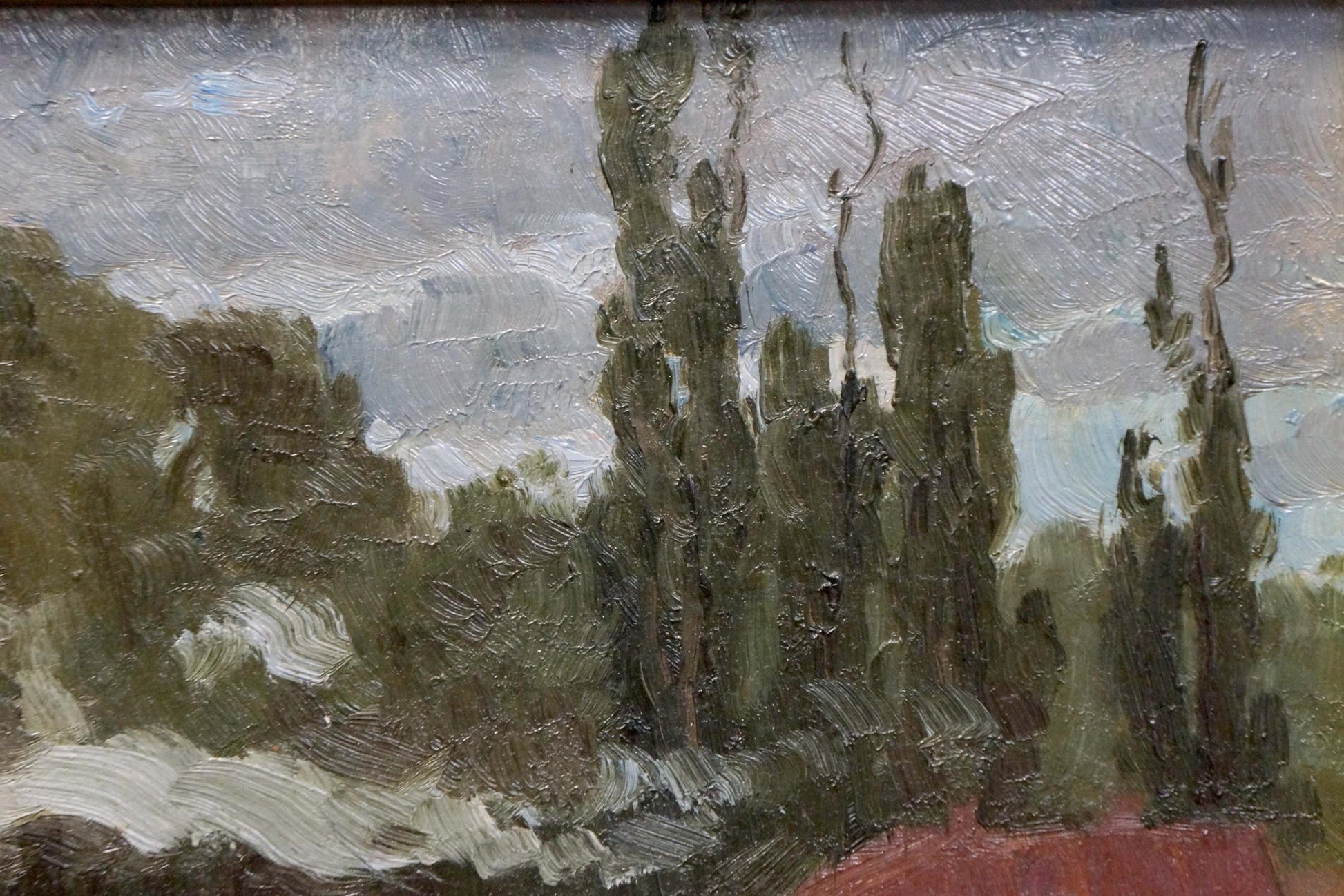 Oil painting The train has started: tall dark green trees under cloudy gray sky