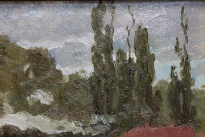 Oil painting The train has started: tall dark green trees under cloudy gray sky