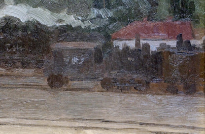 Rustic oil painting of red-roofed house in dark trees under cloudy sky
